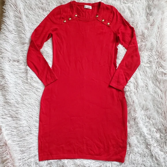 Calvin Klein | Dresses | Calvin Klein Stretchy Red Column Dress Long Sleeve  Gold Buttons Designer Medium | Poshmark